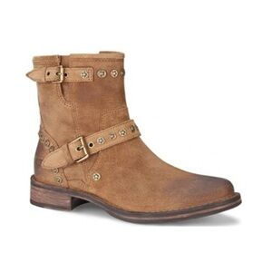 🐂 UGG Brown Tan Suede Gold Studded Ankle Boots Ugg Fabrizia Moto Boots Chestnut